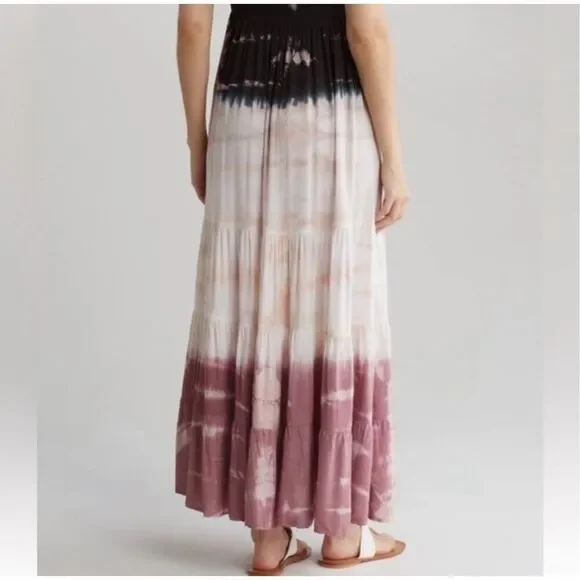 NWT Nordstrom Boho Me XL Ombré Tiered Pink, Black Tie Dye Strapless Maxi Dress - Picture 10 of 12